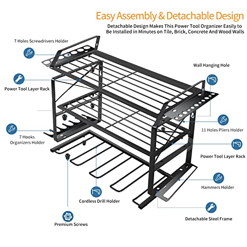 LIYJTK Power Tool Organizer, 3 Layers Heavy Duty Garage Tool Organizers and Storage, Drill Holder Wall Mount Floating Tool Shelf Storage Rack for Garage Organization Gift for Men Dad Father's Day