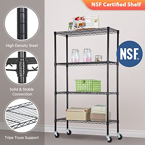 FDW Wire Shelving Storage Shelves 4-Shelf Adjustable NSF Wire Shelf Heavy Duty Storage Shelving Unit on 3” Wheel Casters Commercial Metal Wire Rack 36L x 14W x 62H,Black