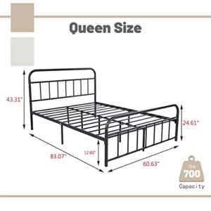 WJORATA Metal Platform Queen Size Bed Frame with Vintage Headboard and Footboard Steel Slat Support No Box Spring Needed Easy Assembly, Black