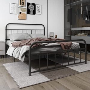 WJORATA Metal Platform Queen Size Bed Frame with Vintage Headboard and Footboard Steel Slat Support No Box Spring Needed Easy Assembly, Black