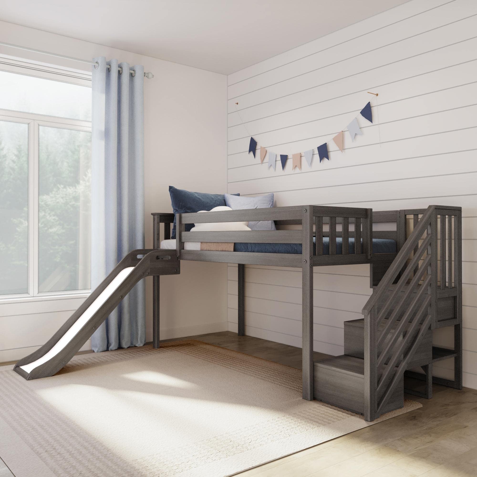 Max & Lily Low Loft Bed, Twin Bed Frame for Kids with Stairs and Easy Slide, Clay