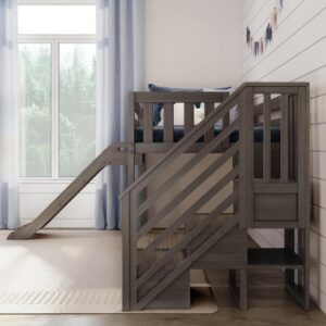 Max & Lily Low Loft Bed, Twin Bed Frame for Kids with Stairs and Easy Slide, Clay