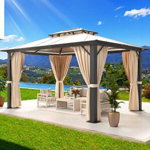 aoxun hardtop gazebo, outdoor polycarbonate double roof aluminum 10'x 13' gazebo with netting and curtains for deck backyard wedding garden