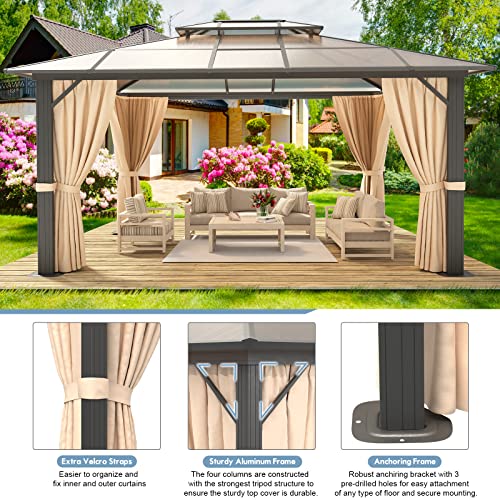Aoxun Hardtop Gazebo, Outdoor Polycarbonate Double Roof Aluminum 10'x 13' Gazebo with Netting and Curtains for Deck Backyard Wedding Garden