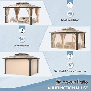 Aoxun Hardtop Gazebo, Outdoor Polycarbonate Double Roof Aluminum 10'x 13' Gazebo with Netting and Curtains for Deck Backyard Wedding Garden