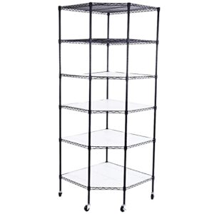 wire shelving 6 tiers polygonal corner shelf, metal storage standing rack with wheels, corner wire shelf for kitchen, garage and living room( us shipping) (black)