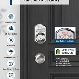 TEEHO TE002K Fingerprint Door Lock Set - Keyless Entry Door Lock with Handle - Door Knob with Keypad Deadbolt - Smart Locks for Front Door - Auto Lock - No Need App - Easy Installation - Satin Nickel