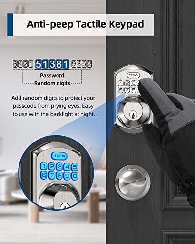 TEEHO TE002K Fingerprint Door Lock Set - Keyless Entry Door Lock with Handle - Door Knob with Keypad Deadbolt - Smart Locks for Front Door - Auto Lock - No Need App - Easy Installation - Satin Nickel