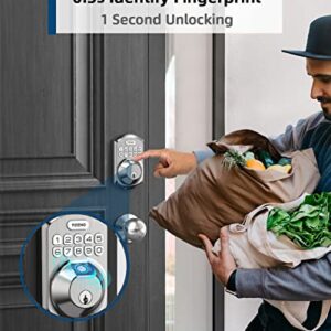 TEEHO TE002K Fingerprint Door Lock Set - Keyless Entry Door Lock with Handle - Door Knob with Keypad Deadbolt - Smart Locks for Front Door - Auto Lock - No Need App - Easy Installation - Satin Nickel