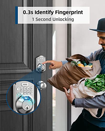 TEEHO TE002K Fingerprint Door Lock Set - Keyless Entry Door Lock with Handle - Door Knob with Keypad Deadbolt - Smart Locks for Front Door - Auto Lock - No Need App - Easy Installation - Satin Nickel