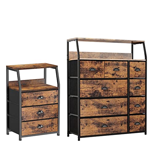 Furnulem 9 Drawer Dresser Large with Shelf and Nightstand with 3 Drawers and 2-Tier Shelf, Fabric Dresser Organizer Storage Tower for Bedroom, Closet, Hallway, Nursery, Sturdy Steel Frame, Wood Top