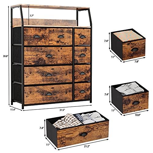 Furnulem 9 Drawer Dresser Large with Shelf and Nightstand with 3 Drawers and 2-Tier Shelf, Fabric Dresser Organizer Storage Tower for Bedroom, Closet, Hallway, Nursery, Sturdy Steel Frame, Wood Top