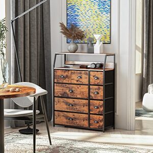 Furnulem 9 Drawer Dresser Large with Shelf and Nightstand with 3 Drawers and 2-Tier Shelf, Fabric Dresser Organizer Storage Tower for Bedroom, Closet, Hallway, Nursery, Sturdy Steel Frame, Wood Top