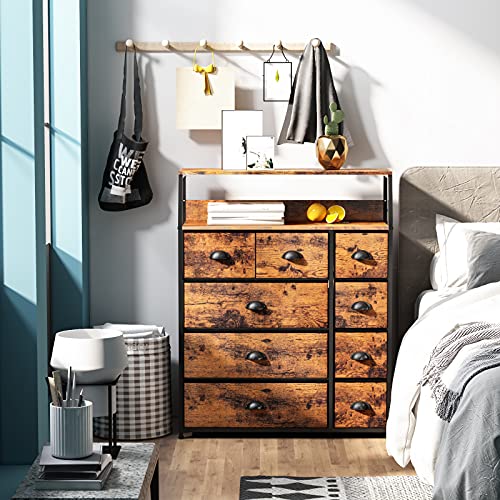 Furnulem 9 Drawer Dresser Large with Shelf and Nightstand with 3 Drawers and 2-Tier Shelf, Fabric Dresser Organizer Storage Tower for Bedroom, Closet, Hallway, Nursery, Sturdy Steel Frame, Wood Top