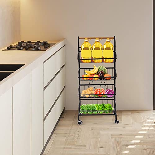 KIOPOWQ Fruit Basket,  4-Tier Rolling Utility Cart with Handle, Multi-Functional Vegetable Storage Trolley Fruit Basket Free-Standing Organizer for Kitchen Office, Living Room Black