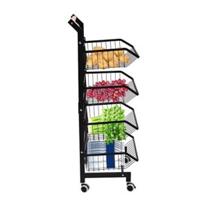 KIOPOWQ Fruit Basket,  4-Tier Rolling Utility Cart with Handle, Multi-Functional Vegetable Storage Trolley Fruit Basket Free-Standing Organizer for Kitchen Office, Living Room Black