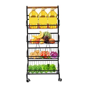 KIOPOWQ Fruit Basket,  4-Tier Rolling Utility Cart with Handle, Multi-Functional Vegetable Storage Trolley Fruit Basket Free-Standing Organizer for Kitchen Office, Living Room Black