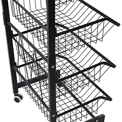 KIOPOWQ Fruit Basket,  4-Tier Rolling Utility Cart with Handle, Multi-Functional Vegetable Storage Trolley Fruit Basket Free-Standing Organizer for Kitchen Office, Living Room Black