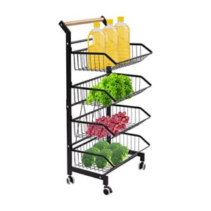 KIOPOWQ Fruit Basket,  4-Tier Rolling Utility Cart with Handle, Multi-Functional Vegetable Storage Trolley Fruit Basket Free-Standing Organizer for Kitchen Office, Living Room Black