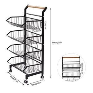 KIOPOWQ Fruit Basket,  4-Tier Rolling Utility Cart with Handle, Multi-Functional Vegetable Storage Trolley Fruit Basket Free-Standing Organizer for Kitchen Office, Living Room Black