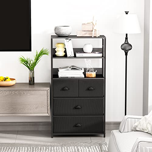 Furologee Vertical 4 Drawer Dresser Organizer with 3-Tiers Wood Shelf,Tall Fabric Storage Tower Unit, Sturdy Metal Frame Furniture,Fabric Bins for Bedroom,entryway,Office(Black & Brown))