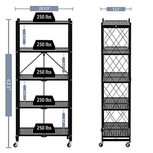 5-Tier Storage Shelving Unit, 28.03"x12.2"x62.5" Heavy Duty Metal Shelf, Foldable Storage Shelf with Wheels, Garage Shelf, Metal Storage Rack, Kitchen Shelf, 1250lbs Capacity