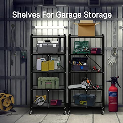 5-Tier Storage Shelving Unit, 28.03"x12.2"x62.5" Heavy Duty Metal Shelf, Foldable Storage Shelf with Wheels, Garage Shelf, Metal Storage Rack, Kitchen Shelf, 1250lbs Capacity