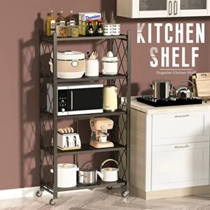 5-Tier Storage Shelving Unit, 28.03"x12.2"x62.5" Heavy Duty Metal Shelf, Foldable Storage Shelf with Wheels, Garage Shelf, Metal Storage Rack, Kitchen Shelf, 1250lbs Capacity