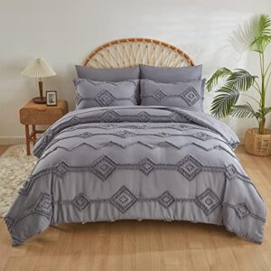 grey tufted bed in a bag queen size 7 pieces, geometry embroidery comforter set, boho shabby chic comforter bedding sets, luxury solid color tufted soft microfiber bed set for all seasons(grey,queen)