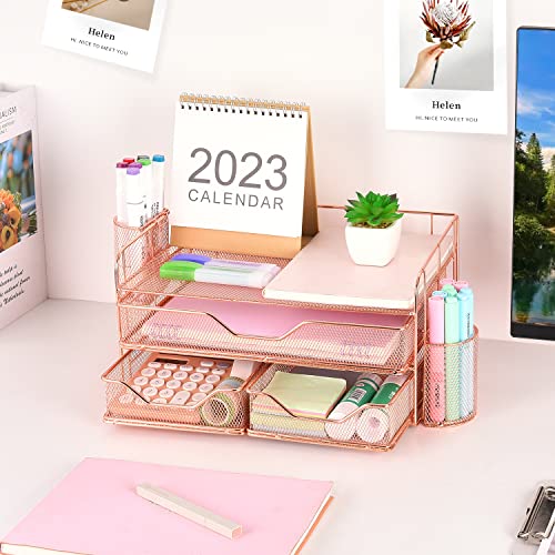 gianotter Office Supplies Desktop workspace Organizer with Drawers and 2 Pen Holder, Desk accessories (Rose Gold)