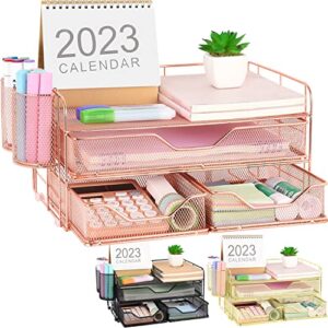 gianotter office supplies desktop workspace organizer with drawers and 2 pen holder, desk accessories (rose gold)