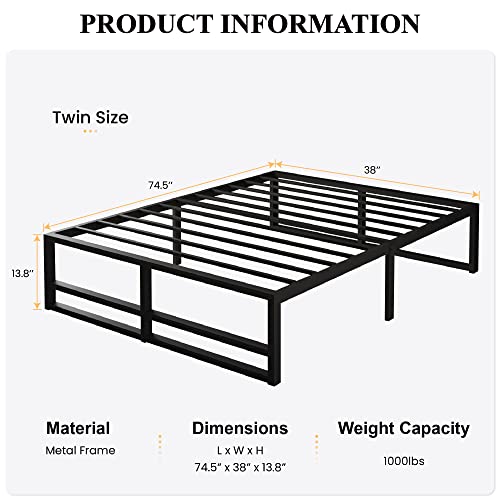 SHA CERLIN Twin Size Metal Bed Frame, 14 Inch Heavy Duty Platform Bed, High Under Bed Storage Space, Steel Slats Support up to 1000 lbs, No Box Spring Needed, Mattress Anti-Slip Design, Noise Free