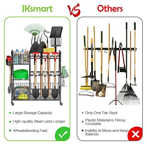 JKsmart Garden Tool Organizer for Garage, Large Utility Yard Tool Organizers and Storage Holder with Wheels, 3 Tier Garden Tool Rack with Extra Storage Basket for Garden/Garage/Shed/Basement