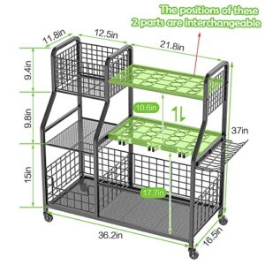 JKsmart Garden Tool Organizer for Garage, Large Utility Yard Tool Organizers and Storage Holder with Wheels, 3 Tier Garden Tool Rack with Extra Storage Basket for Garden/Garage/Shed/Basement