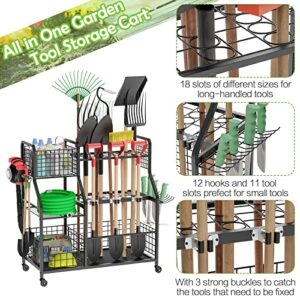 JKsmart Garden Tool Organizer for Garage, Large Utility Yard Tool Organizers and Storage Holder with Wheels, 3 Tier Garden Tool Rack with Extra Storage Basket for Garden/Garage/Shed/Basement