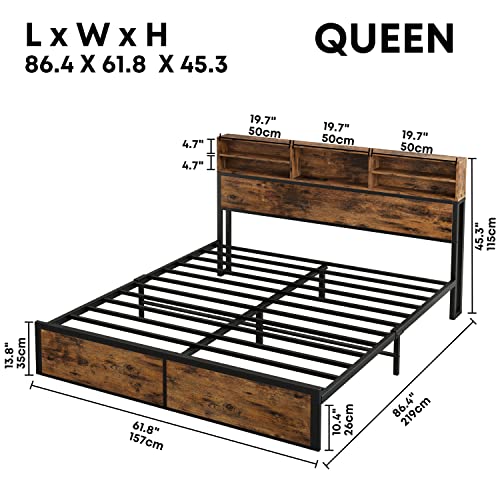 LIKIMIO Queen Bed Frame with Tall Boocase Headboard and Charging Station, Sturdy and No Noise Platform Bed, No Box Spring Needed, Easy Assembly, Vintage Brown