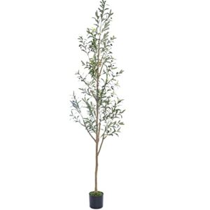 7.6ft (92'') olive tall skinny artificial plants for home indoor, fake potted olive silk tree for modern home office living room floor decor indoor