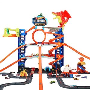 hot wheels city ultimate garage playset with 2 die-cast cars, toy storage for 50+ 1:64 scale cars, 4 levels of track play, defeat the dragon