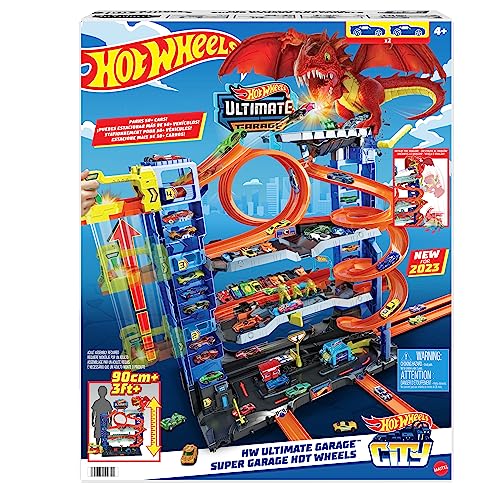 Hot Wheels City Ultimate Garage Playset with 2 Die-Cast Cars, Toy Storage for 50+ 1:64 Scale Cars, 4 Levels of Track Play, Defeat The Dragon