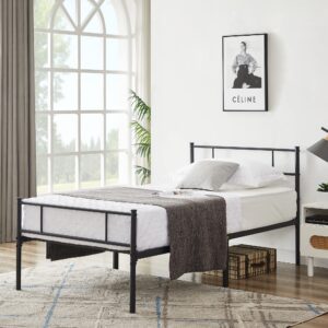 VECELO Twin Platform Bed Frame with Headboard and Footboard, 12'' Under-Bed Storage & Strong Metal Slats Support, No Box Spring Needed