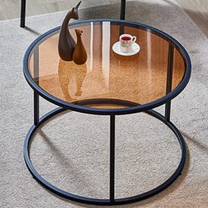 saygoer glass coffee table round modern coffee tables small mid century coffee table for living room home office simple retro table top with metal frames, easy assembly, brown black