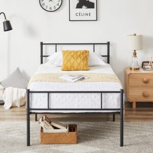 VECELO Twin Platform Bed Frame with Headboard and Footboard, 12'' Under-Bed Storage & Strong Metal Slats Support, No Box Spring Needed