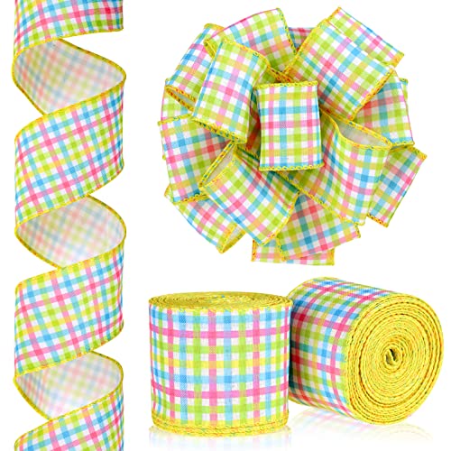 2 Roll 20 Yard Easter Spring Pastel Wired Ribbon, Gingham Ribbon Pink Blue Yellow Green Ribbon Spring Wired Ribbon for Wreaths Plaid Fabric Ribbons for Baby Shower Craft Decor (2.5 Inch)