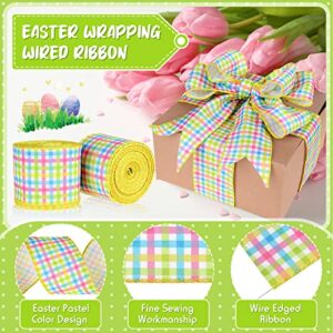 2 Roll 20 Yard Easter Spring Pastel Wired Ribbon, Gingham Ribbon Pink Blue Yellow Green Ribbon Spring Wired Ribbon for Wreaths Plaid Fabric Ribbons for Baby Shower Craft Decor (2.5 Inch)