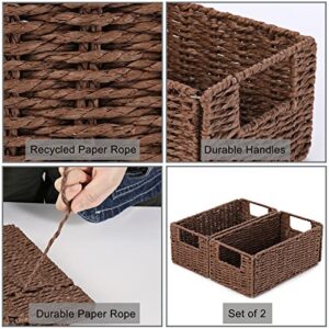 Small Wicker Storage Baskets, Vagusicc Hand-Woven Paper Rope Storage Organizer Baskets Bins (Set of 2), Toilet Paper Small Wicker Baskets with Handles for Organizing Toilet Shelves Pantry, Brown