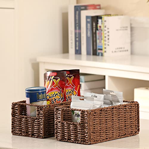 Small Wicker Storage Baskets, Vagusicc Hand-Woven Paper Rope Storage Organizer Baskets Bins (Set of 2), Toilet Paper Small Wicker Baskets with Handles for Organizing Toilet Shelves Pantry, Brown