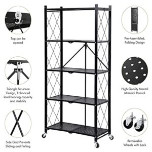 TIOPSUUO 5-Shelf Foldable Storage Shelf Unit on Wheels (No Assembly) Large Capacity Shelving Unit Steel for Kitchen, Garage, Basement, Pantry，Heavy Duty Steel Shelving Organizer Rack