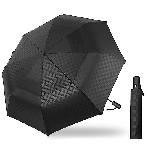 Satol Large Golf Umbrella 62 Inch, Black Automatic Windproof Double Canopy Vented 8 Ribs Sturdy Folding Umbrella, UPF 50+ Portable Wind Resistant Sun & Rain Compact Umbrellas for Travel (checkered)