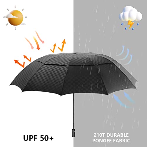 Satol Large Golf Umbrella 62 Inch, Black Automatic Windproof Double Canopy Vented 8 Ribs Sturdy Folding Umbrella, UPF 50+ Portable Wind Resistant Sun & Rain Compact Umbrellas for Travel (checkered)