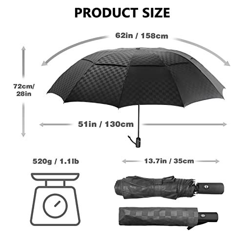 Satol Large Golf Umbrella 62 Inch, Black Automatic Windproof Double Canopy Vented 8 Ribs Sturdy Folding Umbrella, UPF 50+ Portable Wind Resistant Sun & Rain Compact Umbrellas for Travel (checkered)
